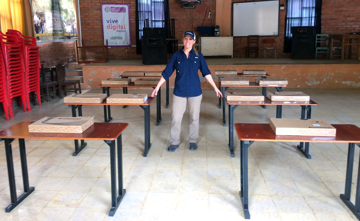SoA Field Rep Nicholette delivers 14 laptops to an agricultural school in Colombia