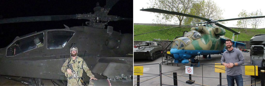 Me in front of an AH-64 Apache in Afghanistan and a MI-24 helicopter in Kyiv, Ukraine. The MI-24 is the same type of helicopter our Afghan counterparts used to support their military operations while I was deployed.